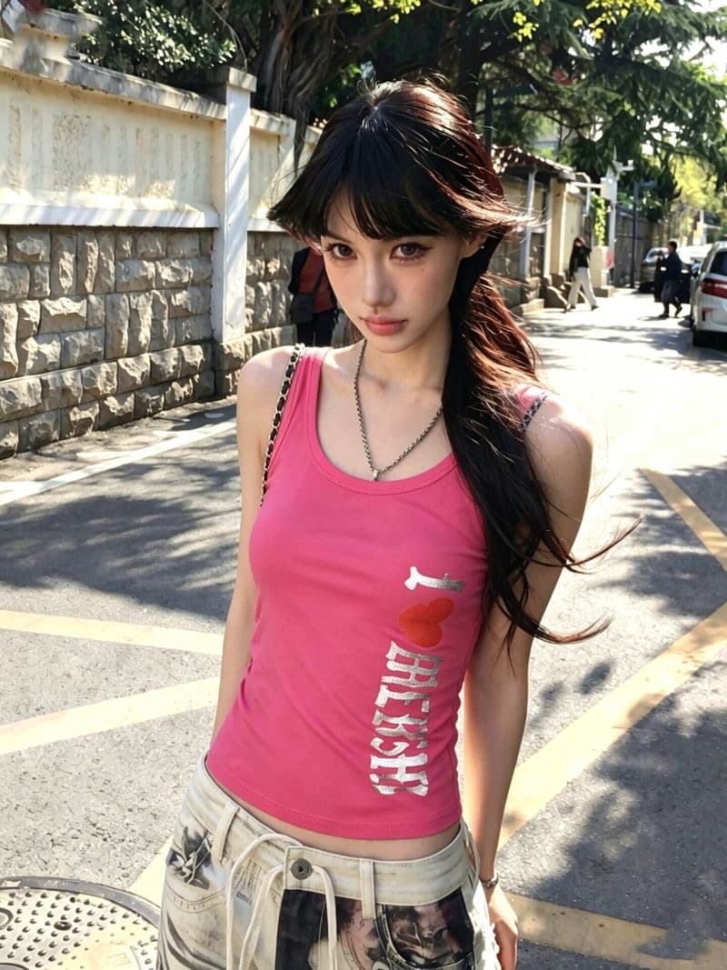 아메리칸 거리 핫걸 바람 핑크색 하트 알파벳 프린트 캐미솔 여름 몸매 가꾸기 슬림해 보이는 다용도 맨위 상세 이미지 3
