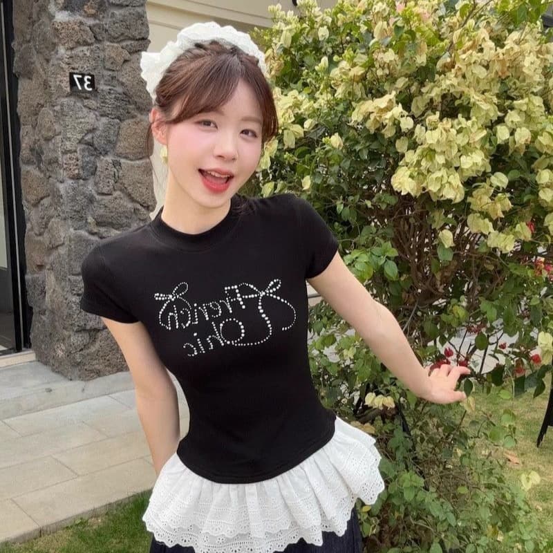 260 그램 사람들 면 모달 나비 매듭 레이스 레이스 핫픽스 알파벳 반팔 티셔츠 여성 몸매 가꾸기 맨위 이미지 5