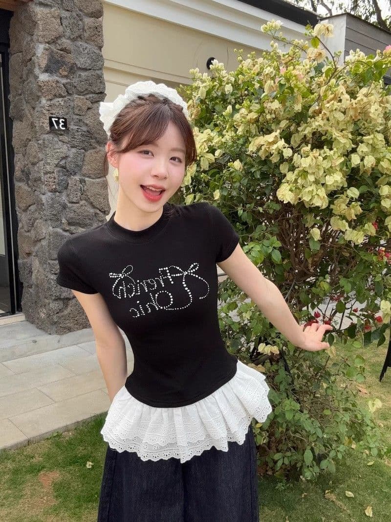 260 그램 사람들 면 모달 나비 매듭 레이스 레이스 핫픽스 알파벳 반팔 티셔츠 여성 몸매 가꾸기 맨위 상세 이미지 3