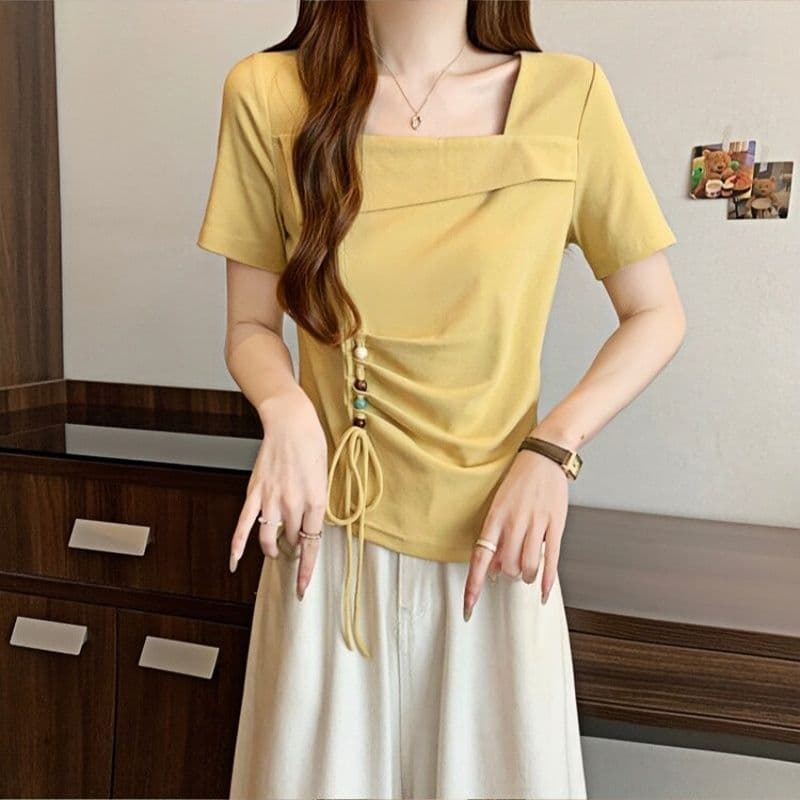 92 면 8 암모니아 Lun 여름 새로운 광장 칼라 슬림해 보이는 불규칙 펌프 로프 반팔 티셔츠 맨위 이미지 3