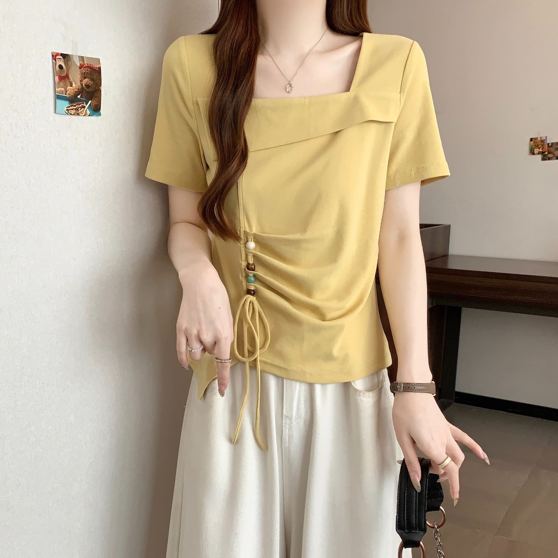 92 면 8 암모니아 Lun 여름 새로운 광장 칼라 슬림해 보이는 불규칙 펌프 로프 반팔 티셔츠 맨위 상세 이미지 4