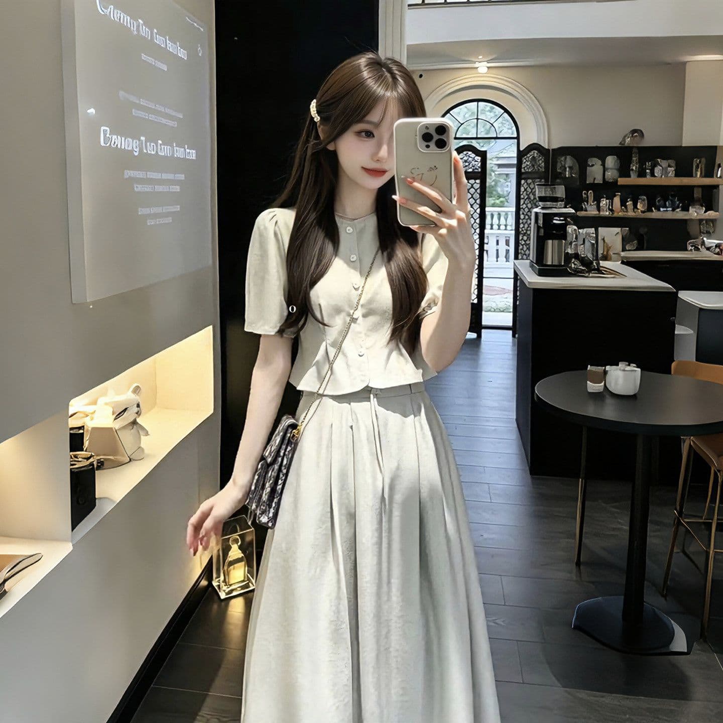 고유 한 아름다운 전체 집합 여름 드레스 거품 소매 셔츠 다용도 작은 키 반신 치마 세트 여성 이미지 5