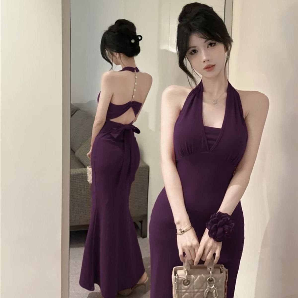 디자인 센스 백리스 행침 목 여성 드레스 여름 로얄 자매 바람 몸매 가꾸기 예복 롱 스커트 품격 인어 꼬리 타이트 스커트 치마