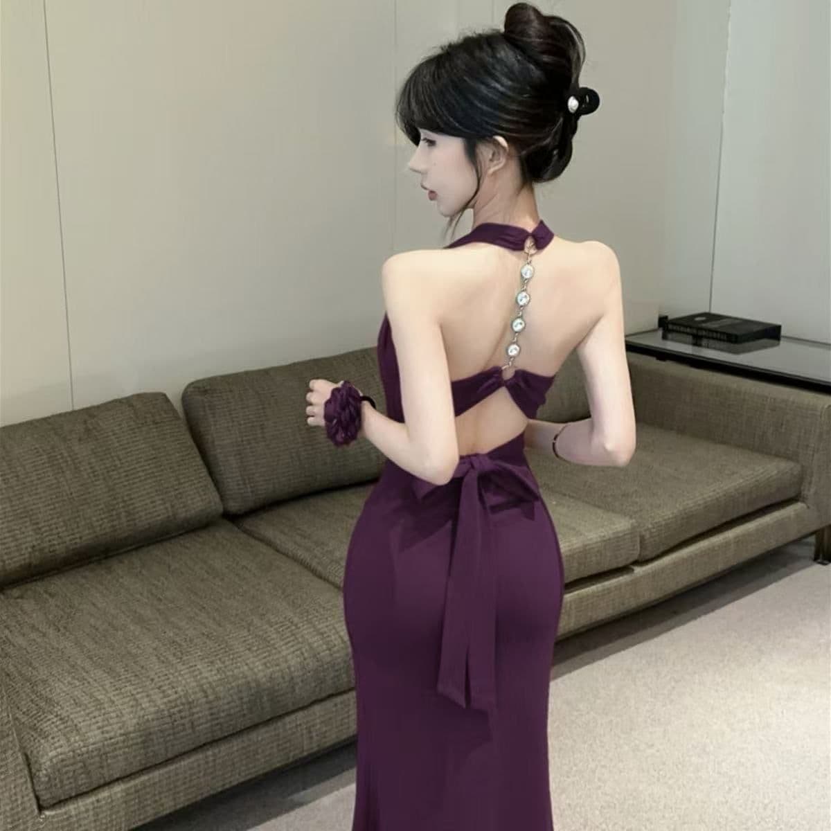 디자인 센스 백리스 행침 목 여성 드레스 여름 로얄 자매 바람 몸매 가꾸기 예복 롱 스커트 품격 인어 꼬리 타이트 스커트 치마 이미지 4