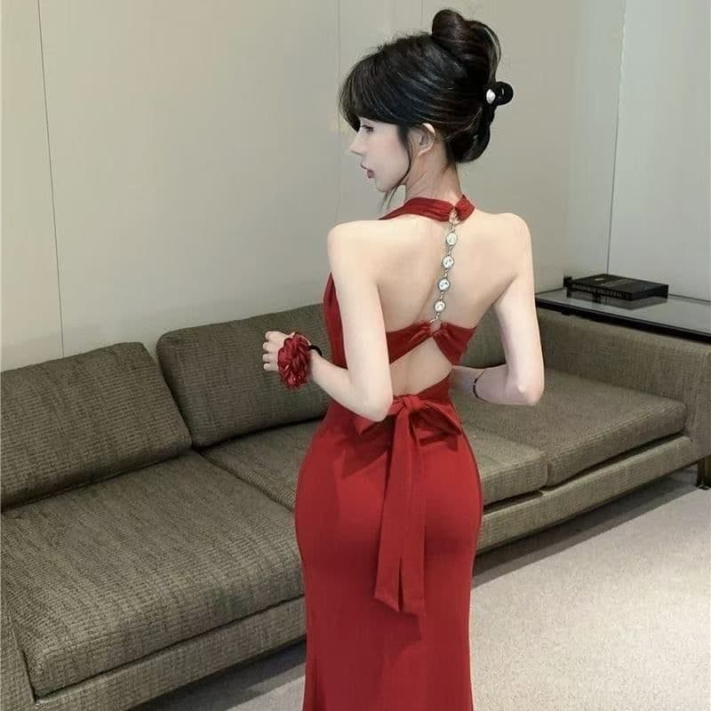 디자인 센스 백리스 행침 목 여성 드레스 여름 로얄 자매 바람 몸매 가꾸기 예복 롱 스커트 품격 인어 꼬리 타이트 스커트 치마 이미지 3
