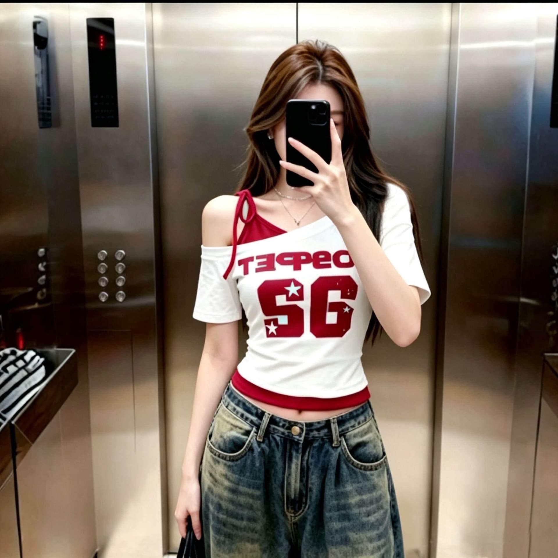 40 차가운 실크 코튼 프린트 몸매 가꾸기 비스듬한 어깨 페이크 레이어드 배색 티셔츠 여성 아메리칸 오프숄더 반팔 맨위 상세 이미지 2