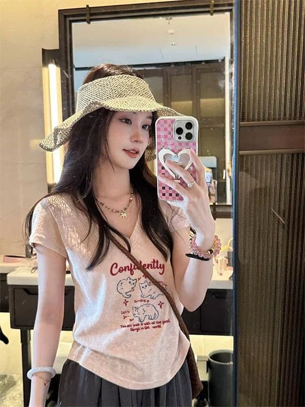 원본 원단 이후 패키지 칼라 한 부서 고양이 알파벳 프린트 V넥 티셔츠 여성 여름 통기성 다용도 반팔 맨위 상세 이미지 3