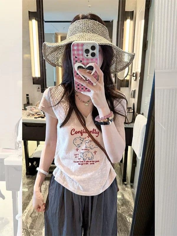 원본 원단 이후 패키지 칼라 한 부서 고양이 알파벳 프린트 V넥 티셔츠 여성 여름 통기성 다용도 반팔 맨위 상세 이미지 4