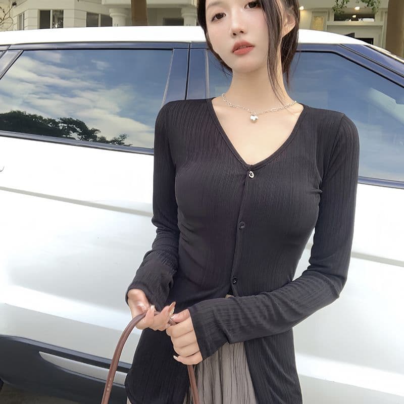 실사 정가 검정색 품격 V넥 니트 오픈 가디건 여성 디자인 센스 봄 가을 몸매 가꾸기 슬림해 보이는 얇은 스타일 재킷 맨위 이미지 4
