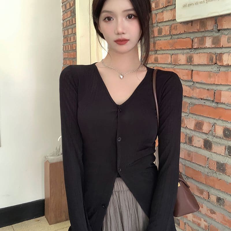 실사 정가 검정색 품격 V넥 니트 오픈 가디건 여성 디자인 센스 봄 가을 몸매 가꾸기 슬림해 보이는 얇은 스타일 재킷 맨위 상세 이미지 4