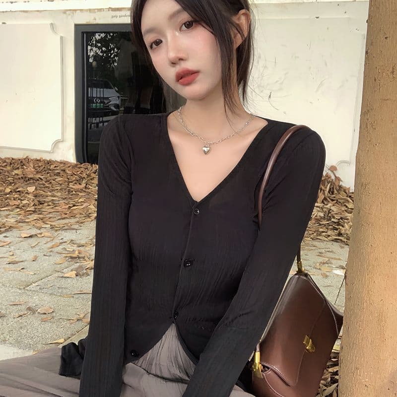 실사 정가 검정색 품격 V넥 니트 오픈 가디건 여성 디자인 센스 봄 가을 몸매 가꾸기 슬림해 보이는 얇은 스타일 재킷 맨위 상세 이미지 5