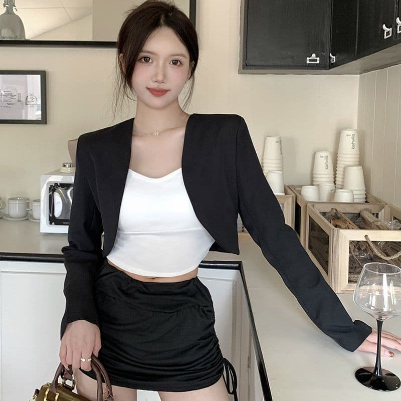 레트로 쇼트 스타일 맨위 블레이저 봄 여름 새로운 디자인 센스 다용도 어깨 블랙 오픈 가디건 여성 이미지 4