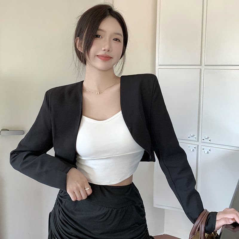 레트로 쇼트 스타일 맨위 블레이저 봄 여름 새로운 디자인 센스 다용도 어깨 블랙 오픈 가디건 여성 이미지 5