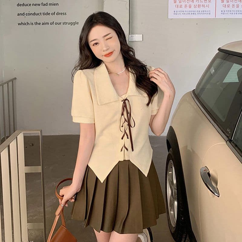 POLO 칼라 셔츠 티셔츠 디자인 센스 반팔 셔츠 여름 거품 소매 Chic 쇼트 스타일 맨위 여성 상세 이미지 3