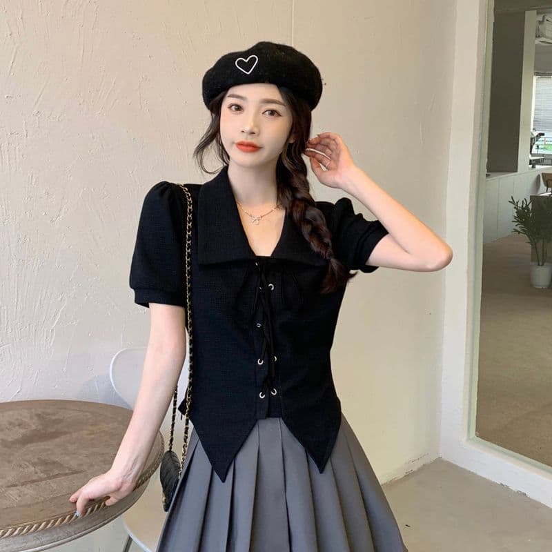 POLO 칼라 셔츠 티셔츠 디자인 센스 반팔 셔츠 여름 거품 소매 Chic 쇼트 스타일 맨위 여성 상세 이미지 4