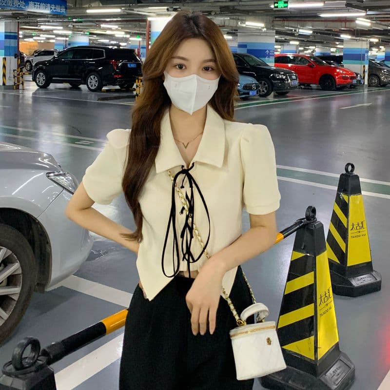 POLO 칼라 셔츠 티셔츠 디자인 센스 반팔 셔츠 여름 거품 소매 Chic 쇼트 스타일 맨위 여성 상세 이미지 5