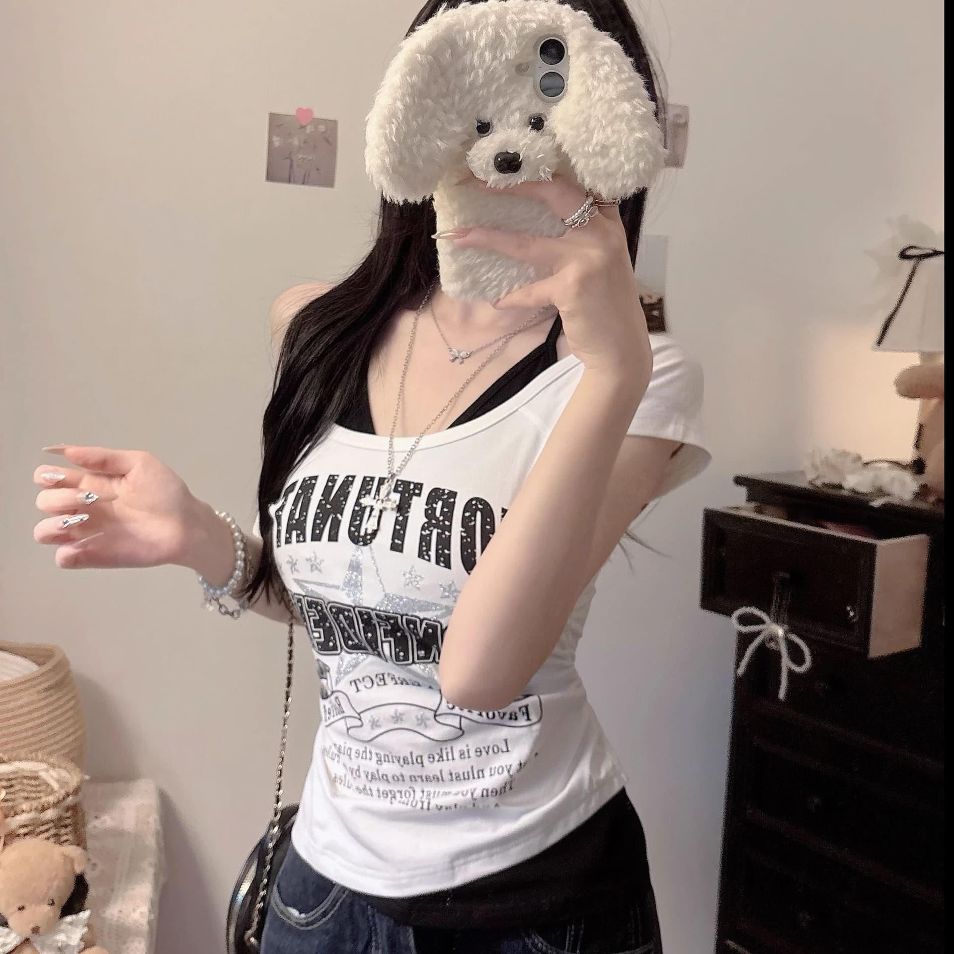40 좋은 면 아메리칸 배색 알파벳 프린트 행침 목 페이크 레이어드 반팔 티셔츠 여성 여름 맨위 상세 이미지 4