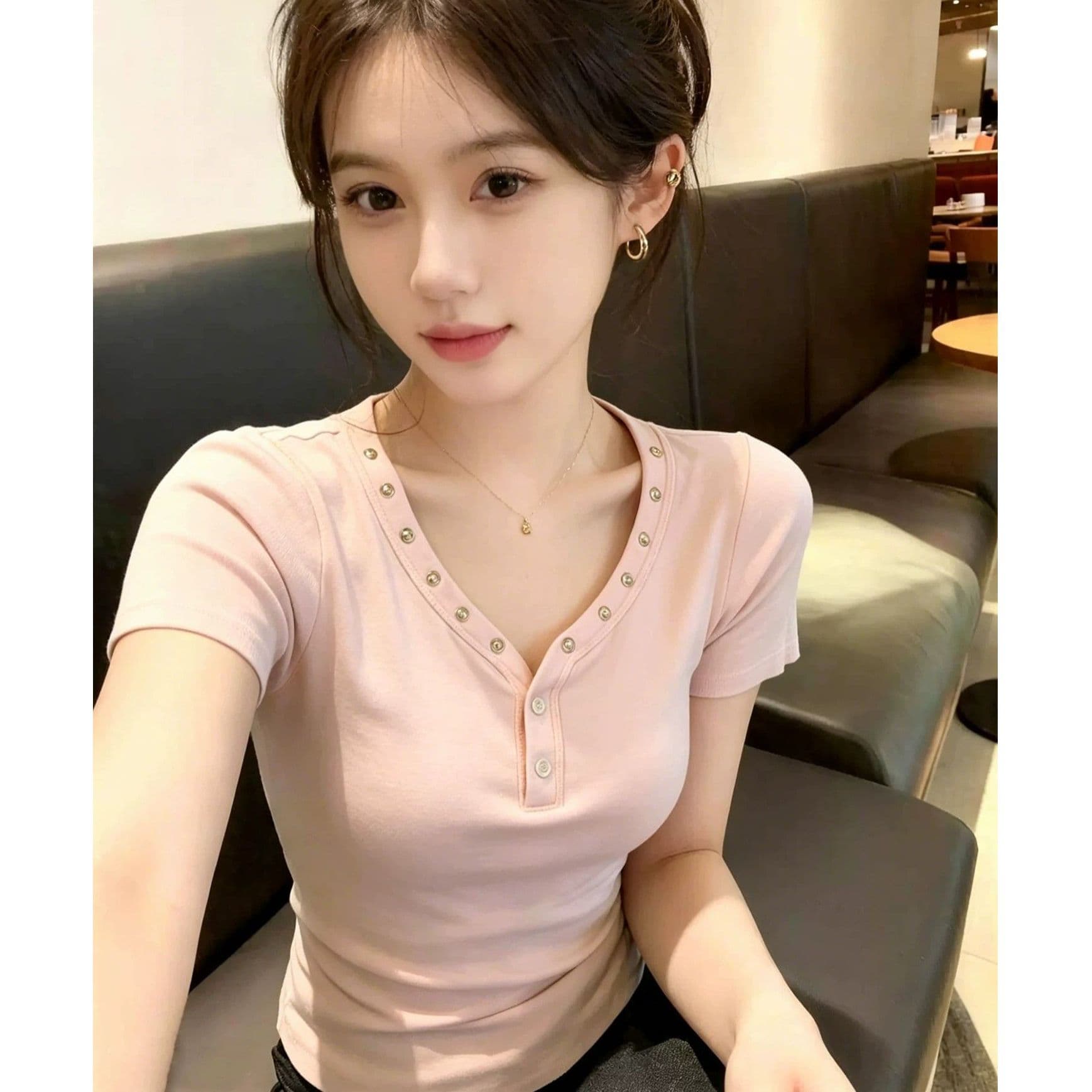 40 순면 아메리칸 레트로 핫걸 V넥 반팔 티셔츠 몸매 가꾸기 다용도 여성 여름 상세 이미지 3