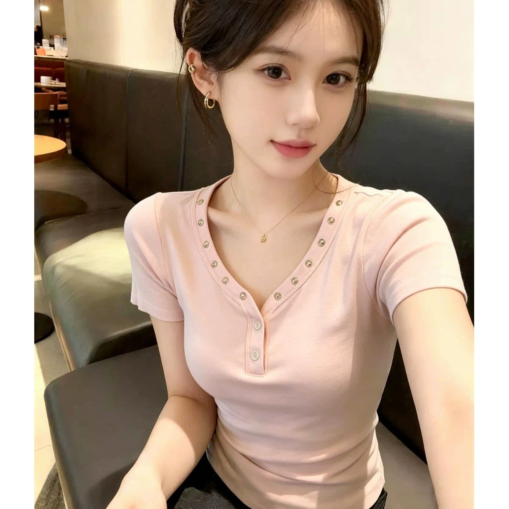 40 순면 아메리칸 레트로 핫걸 V넥 반팔 티셔츠 몸매 가꾸기 다용도 여성 여름 상세 이미지 5