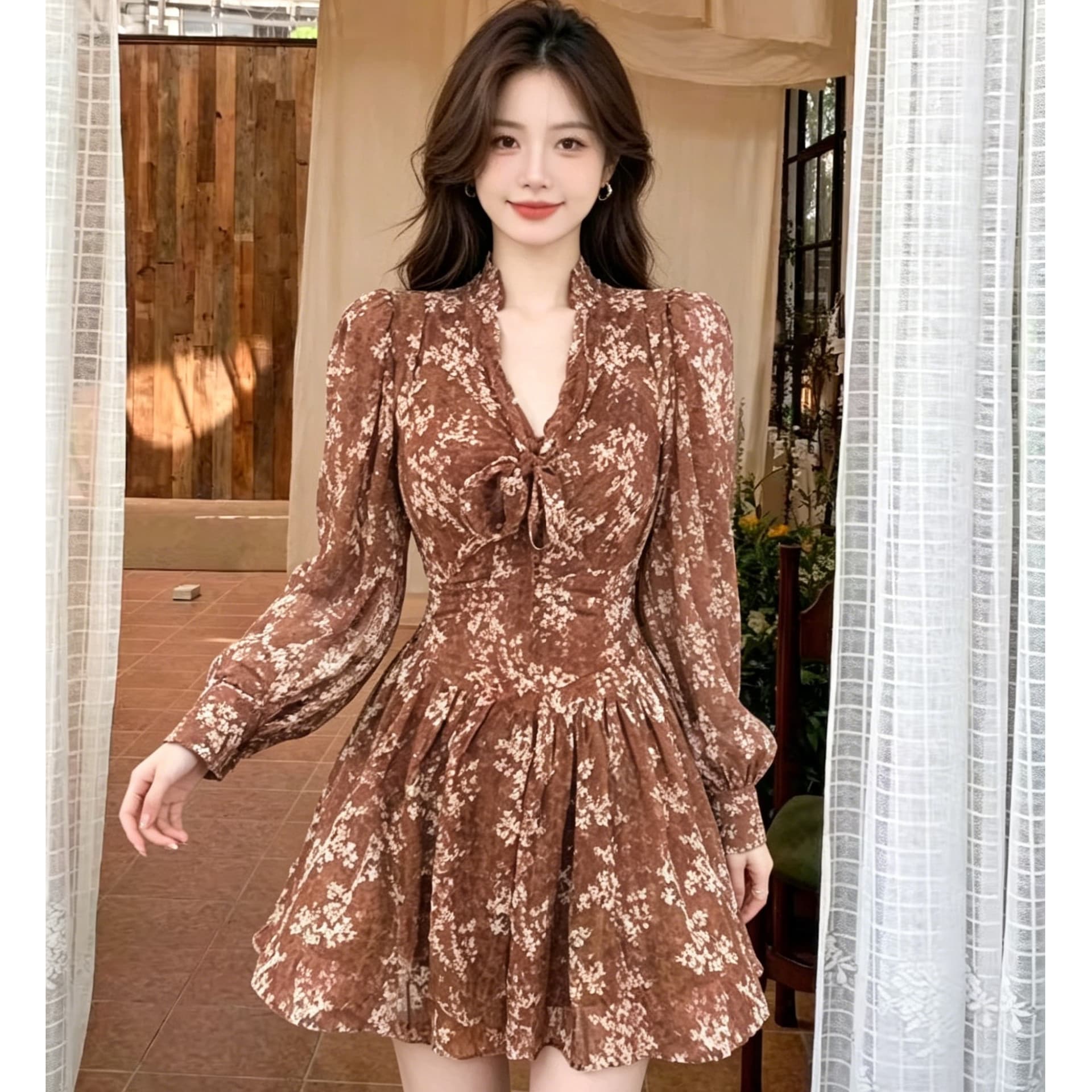 레트로 꽃무늬 드레스 V넥 가슴 레이스업 버블 허리 수축 프릴 슬림해 보이는 작은 키 쇼트 스타일 퍼프 스커트 이미지 2