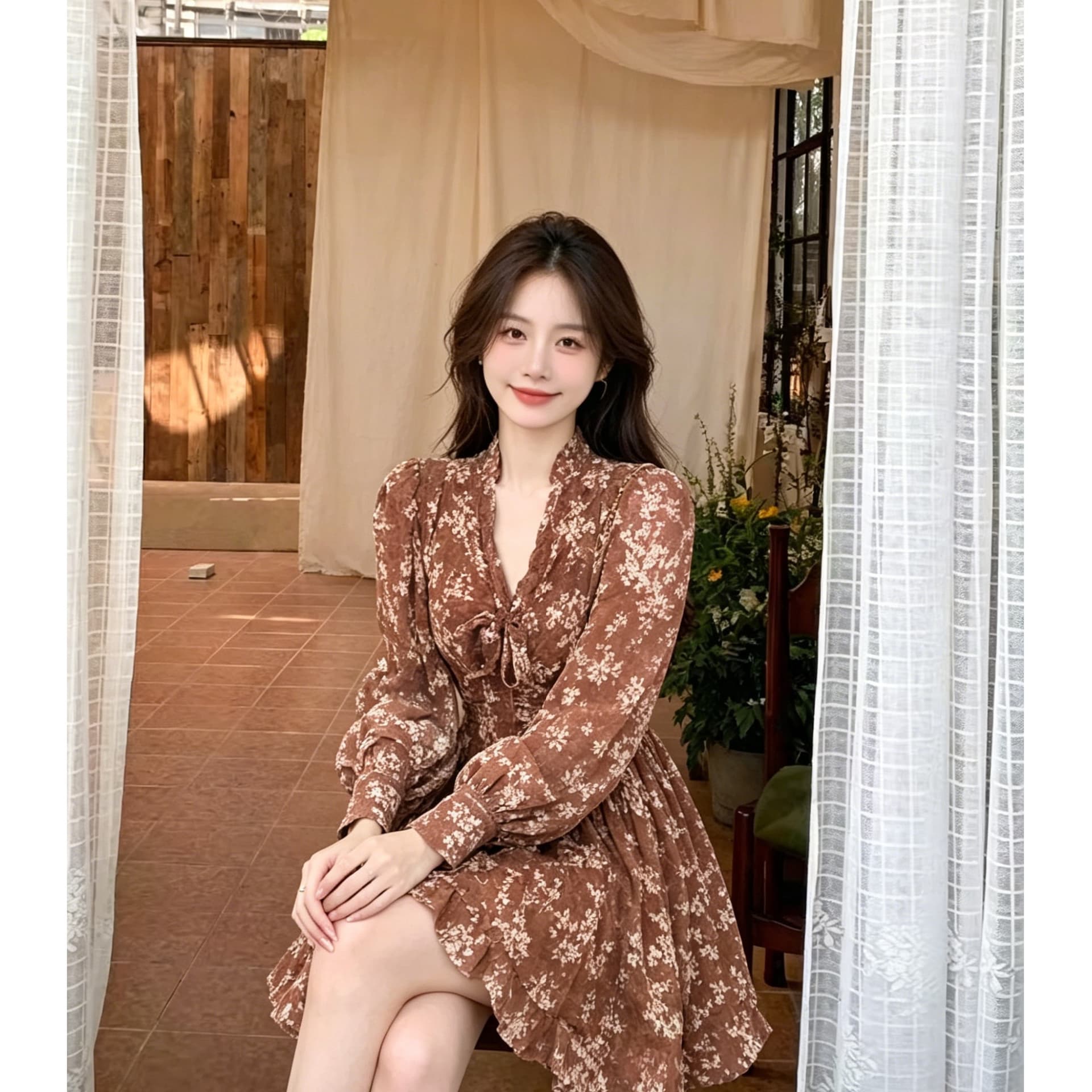 레트로 꽃무늬 드레스 V넥 가슴 레이스업 버블 허리 수축 프릴 슬림해 보이는 작은 키 쇼트 스타일 퍼프 스커트 상세 이미지 1