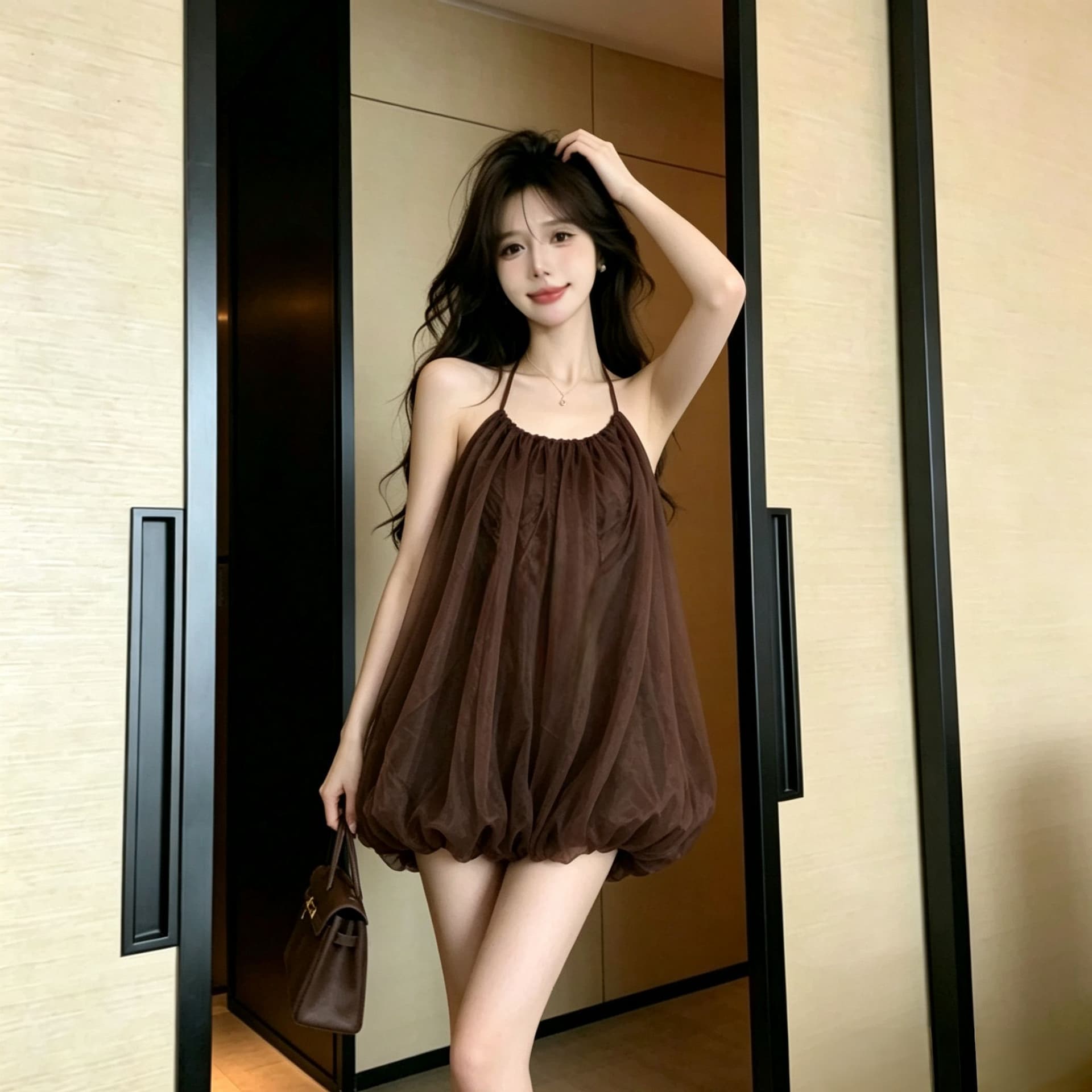 pumpkin 피터 팬 엘프 꽃밭 행침 목 레이스업 휴가 바람 백리스 신축성 거즈 스커트 드레스 상세 이미지 4