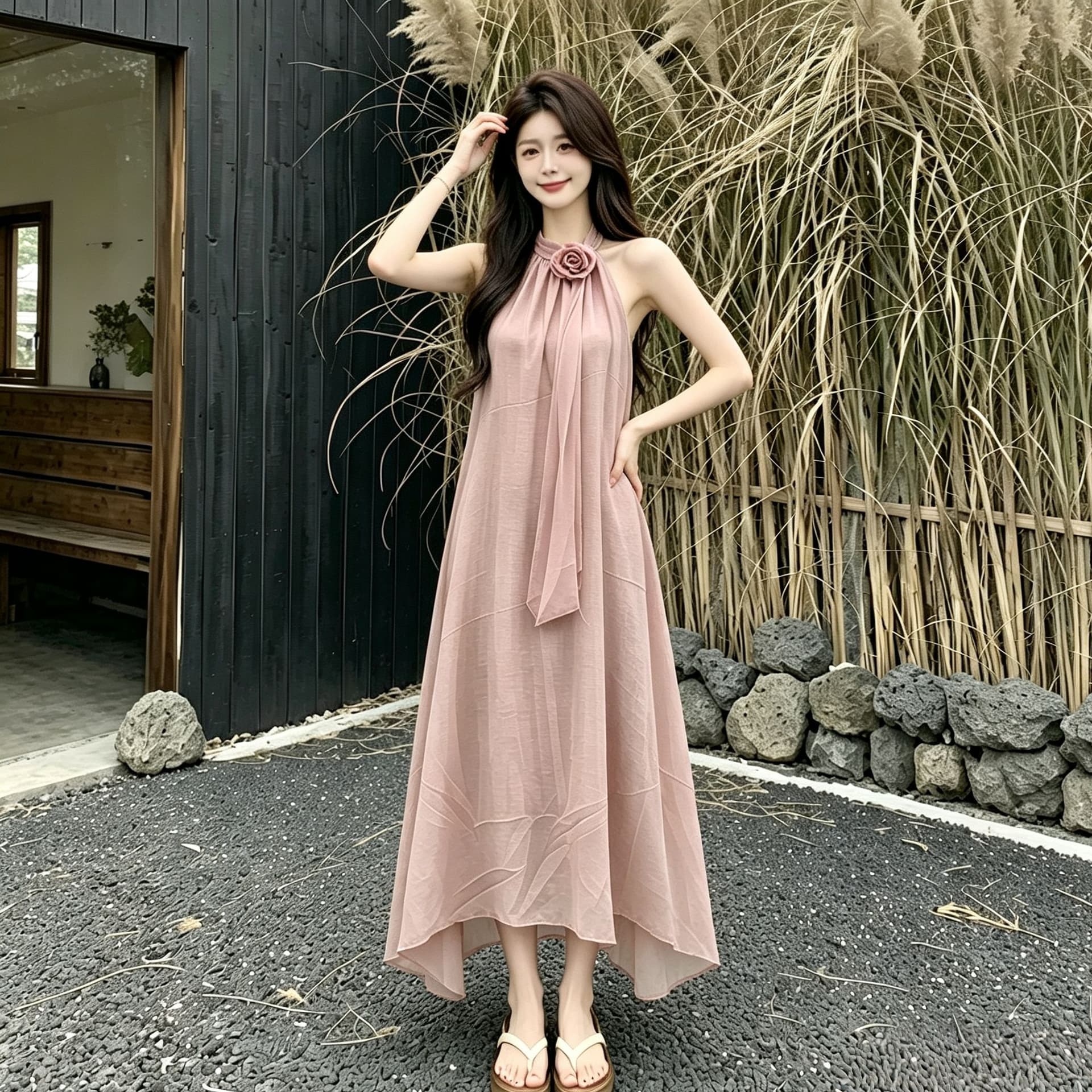 원본 디자인 센스 루즈핏 꽃 행침 목 민소매 드레스 여름 부드러운 바람 프랑스식 오프숄더 치마 롱 스커트 이미지 3
