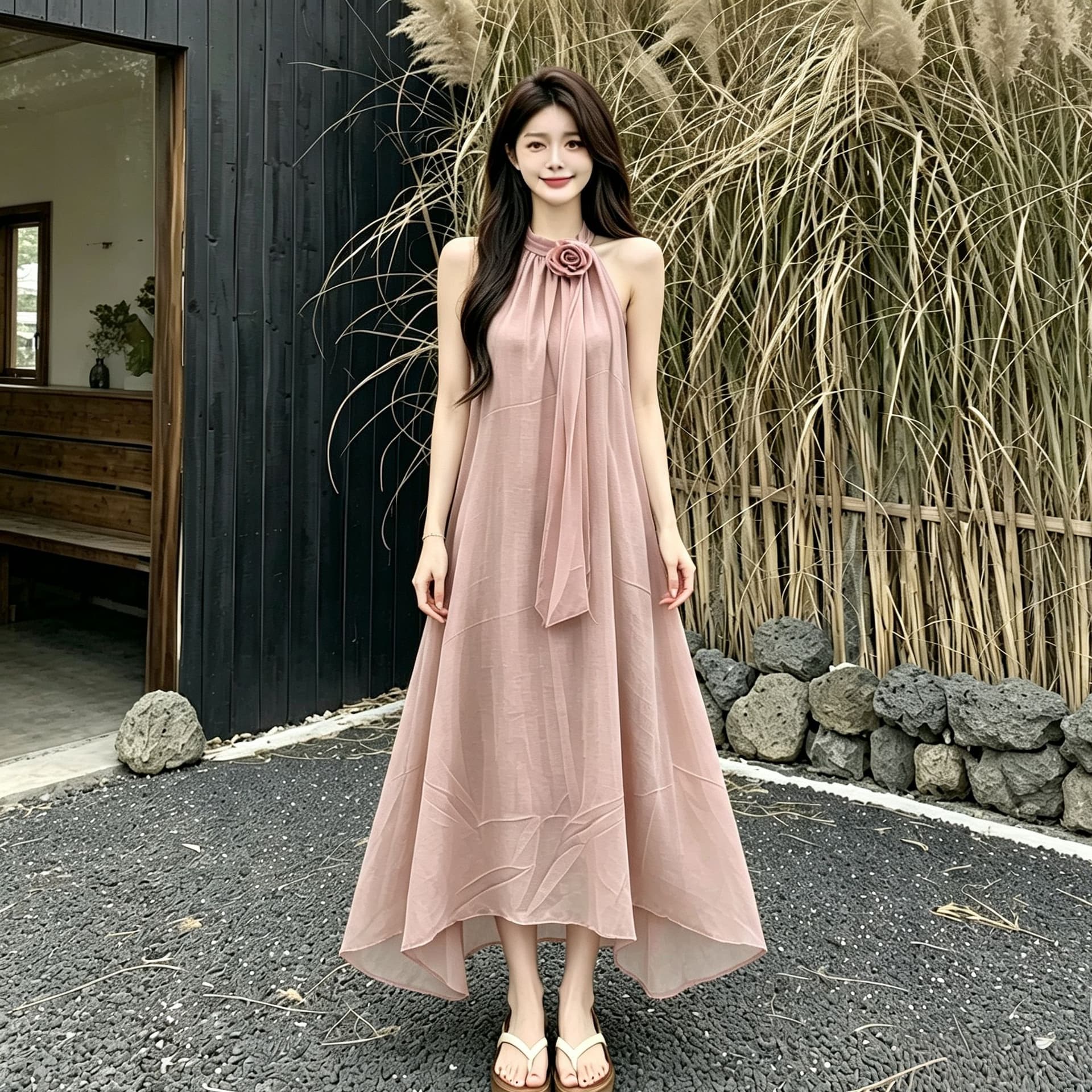 원본 디자인 센스 루즈핏 꽃 행침 목 민소매 드레스 여름 부드러운 바람 프랑스식 오프숄더 치마 롱 스커트 상세 이미지 1