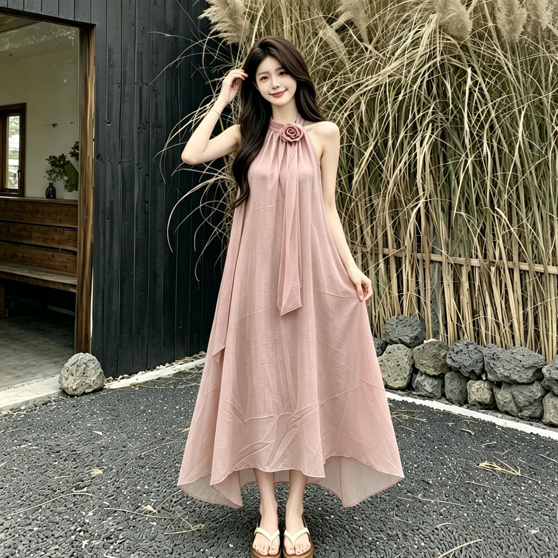 원본 디자인 센스 루즈핏 꽃 행침 목 민소매 드레스 여름 부드러운 바람 프랑스식 오프숄더 치마 롱 스커트 상세 이미지 2