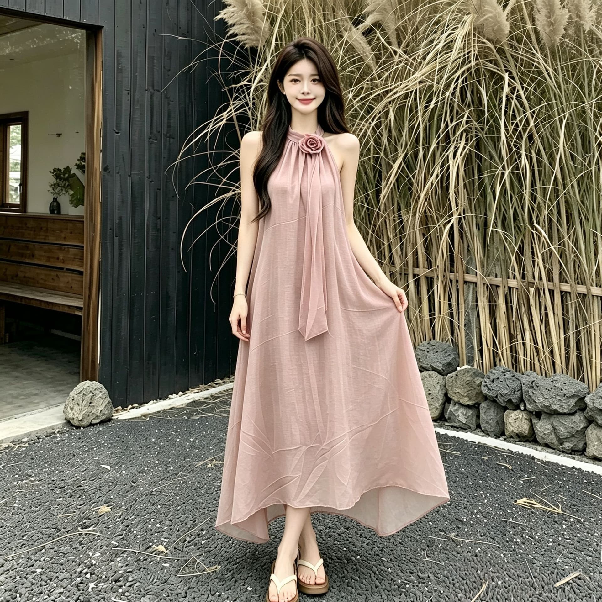 원본 디자인 센스 루즈핏 꽃 행침 목 민소매 드레스 여름 부드러운 바람 프랑스식 오프숄더 치마 롱 스커트 상세 이미지 3