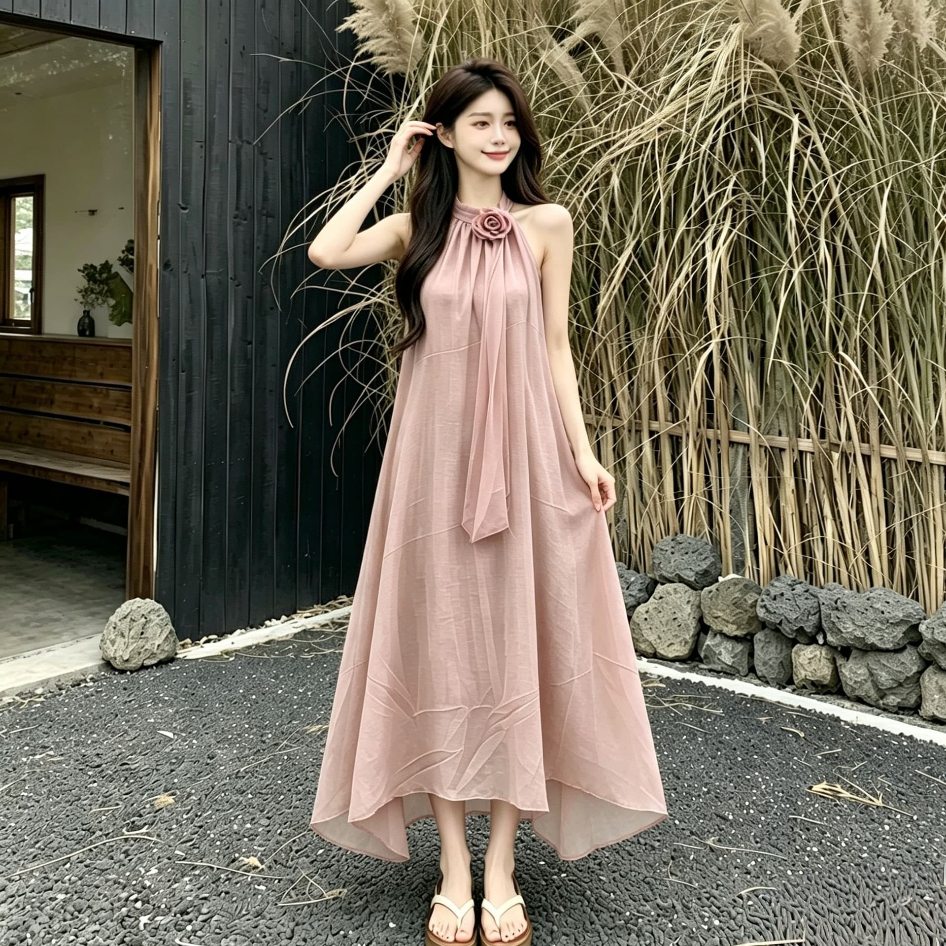 원본 디자인 센스 루즈핏 꽃 행침 목 민소매 드레스 여름 부드러운 바람 프랑스식 오프숄더 치마 롱 스커트 상세 이미지 4