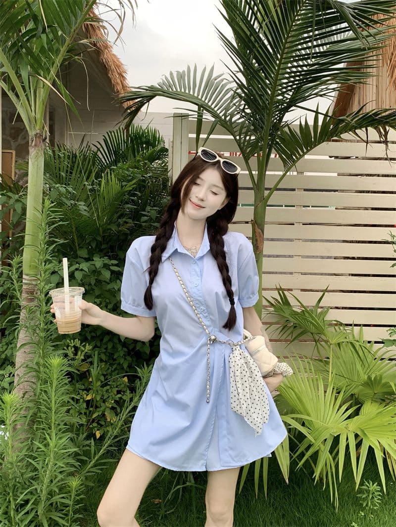 2026 여름 새로운 한 부서 패션 품격 poio 칼라 반팔 드레스 하이웨이스트 캐주얼 반바지 패션 세트 상세 이미지 1