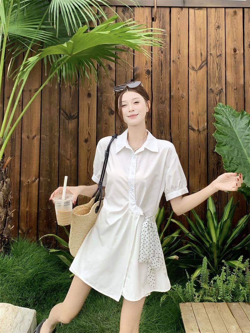 2026 여름 새로운 한 부서 패션 품격 poio 칼라 반팔 드레스 하이웨이스트 캐주얼 반바지 패션 세트 상세 이미지 2