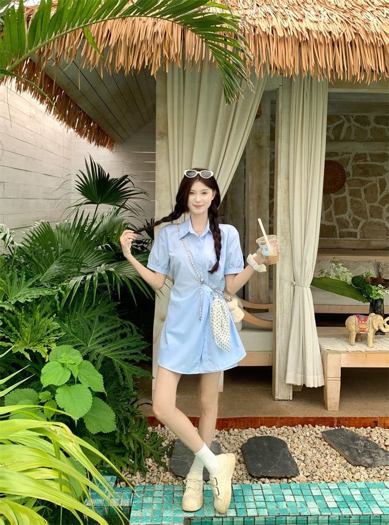 2026 여름 새로운 한 부서 패션 품격 poio 칼라 반팔 드레스 하이웨이스트 캐주얼 반바지 패션 세트 상세 이미지 3