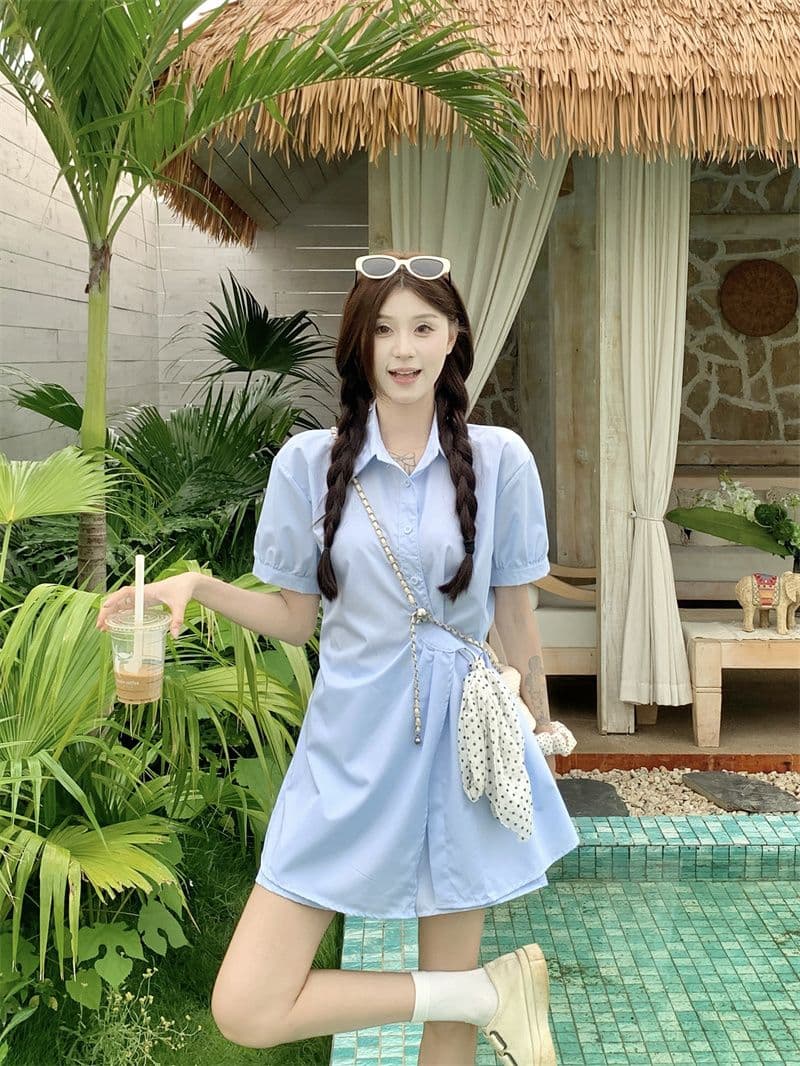 2026 여름 새로운 한 부서 패션 품격 poio 칼라 반팔 드레스 하이웨이스트 캐주얼 반바지 패션 세트 상세 이미지 4