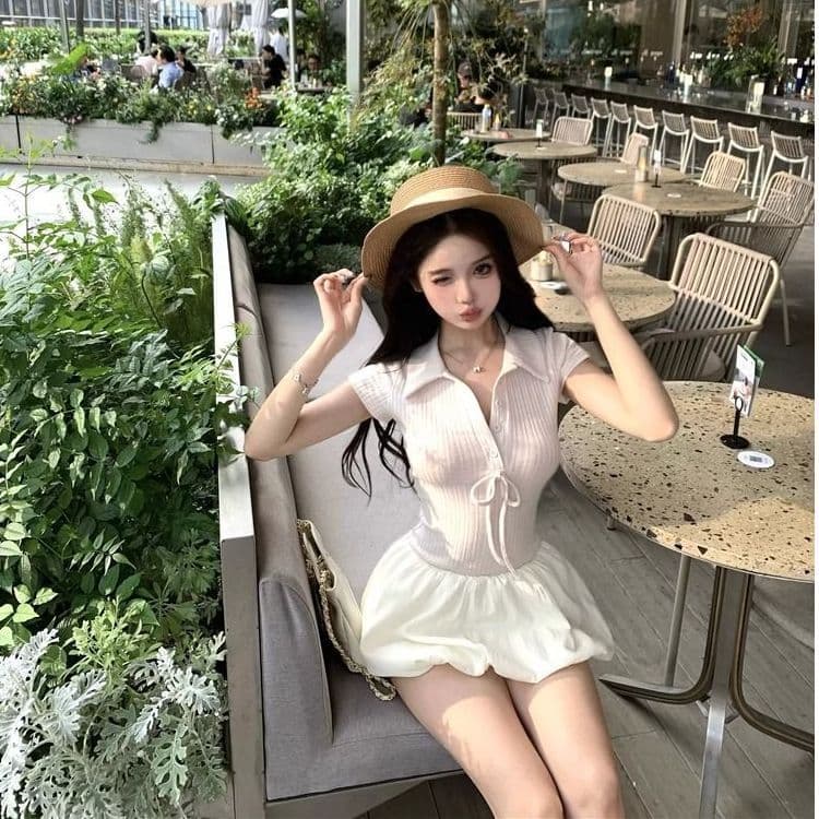 섹시함 순수한 욕망 발레 바람 니트 패치워크 V넥 꽃밭 치마 여성 여름 새로운 허리 수축 슬림해 보이는 반팔 드레스 이미지 3