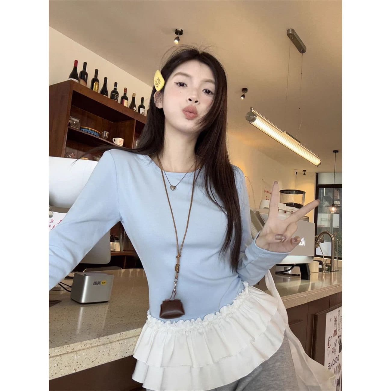 40 차가운 실크 차가운 면 1 1 구덩이 기사 2026 새로운 파란색 패치워크 페이크 레이어드 맨위 긴팔 티셔츠 맨위 여성 이미지 2