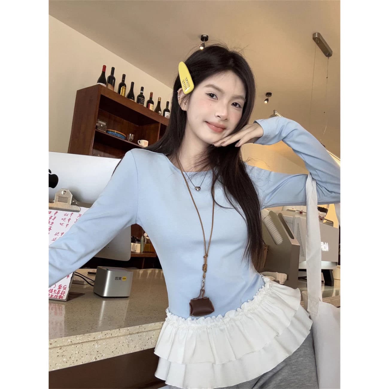 40 차가운 실크 차가운 면 1 1 구덩이 기사 2026 새로운 파란색 패치워크 페이크 레이어드 맨위 긴팔 티셔츠 맨위 여성 이미지 4