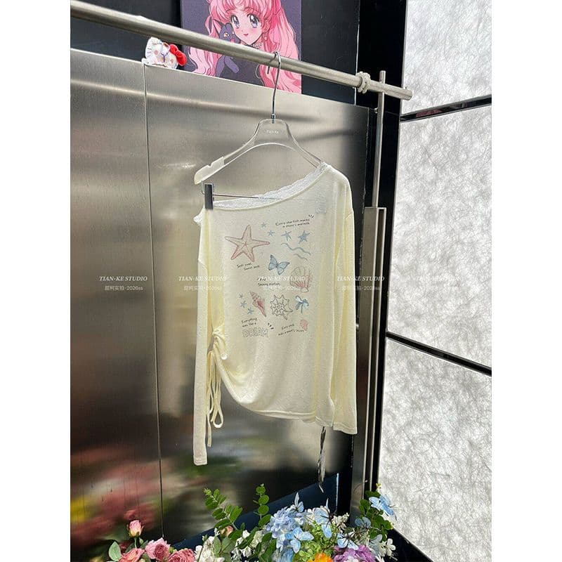 눈꽃 면 한 부서 불가사리 프린트 블라우스 26 봄 여름 새로운 루즈핏 캐주얼 핫걸 달콤함 긴팔 티셔츠 여성 이미지 4
