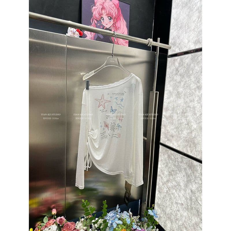 눈꽃 면 한 부서 불가사리 프린트 블라우스 26 봄 여름 새로운 루즈핏 캐주얼 핫걸 달콤함 긴팔 티셔츠 여성 이미지 5