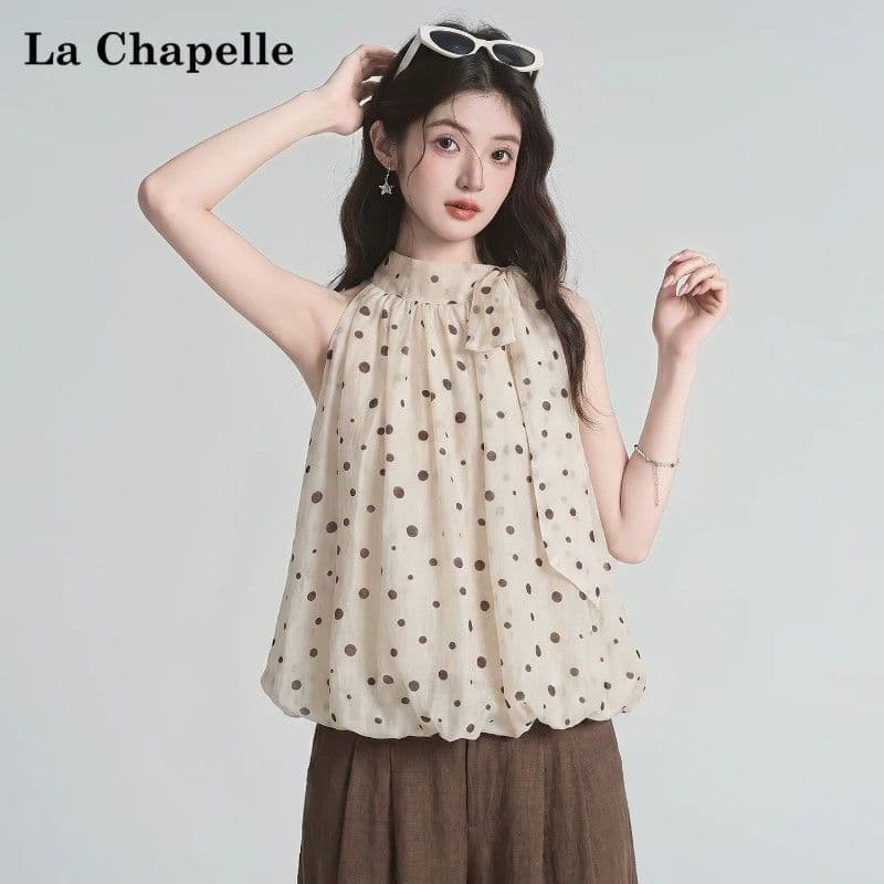 레트로 도트 무늬 나비 넥타이 행침 목 조끼 여성 여름 외출용 민소매 작은 셔츠 아름다운 맨위 이미지 3