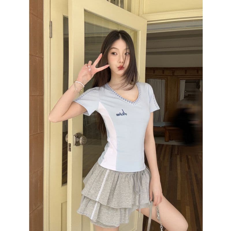 40 모방 면 리브 아메리칸 반팔 티셔츠 여성 26 여름 새로운 디자인 센스 몸매 가꾸기 슬림해 보이는 허리 수축 맨위 상세 이미지 4