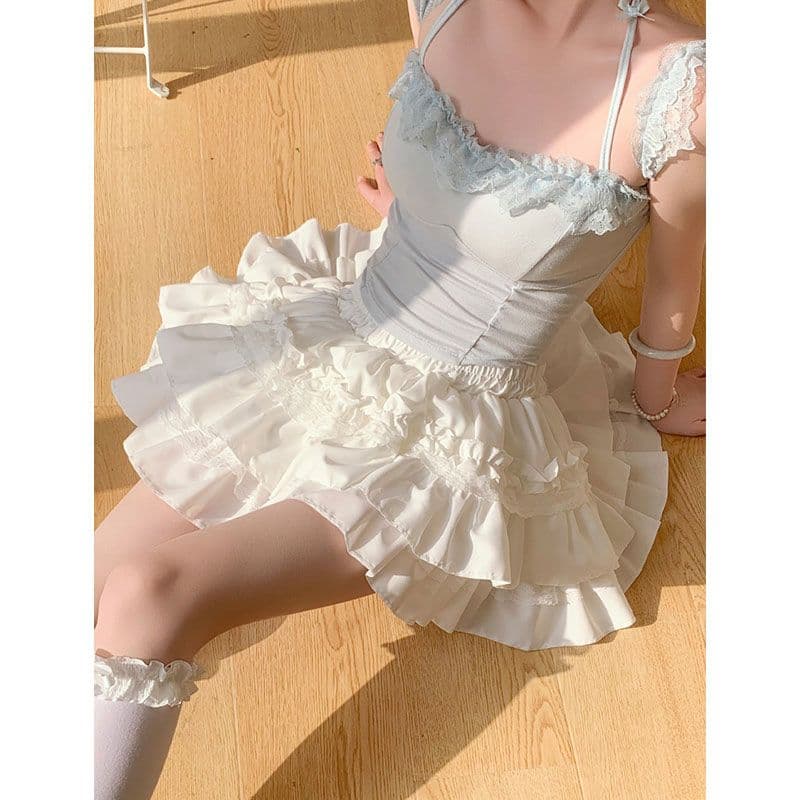 광저우 원단 화이트 레이스 케이크 퍼프 스커트 여성 달콤함 반신 스커트 발레 바람 미니 스커트 이미지 4
