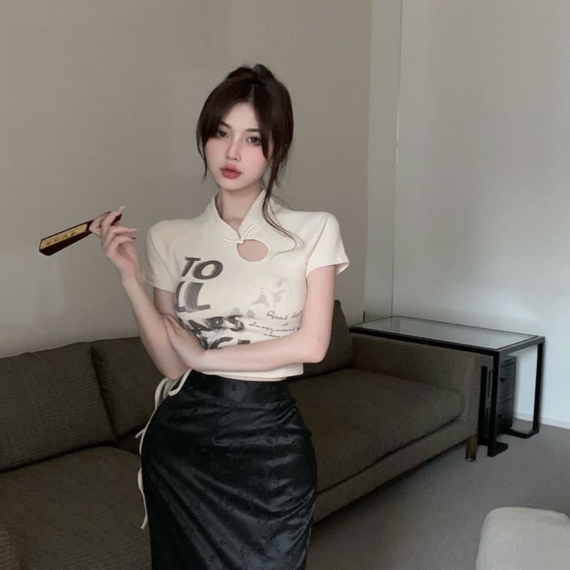 중국풍 반팔 티셔츠 여성 여름 새로운 쇼트 스타일 국가 트렌디 디자인 센스 펌프 로프 작은 대중 핫걸 맨위 이미지 2