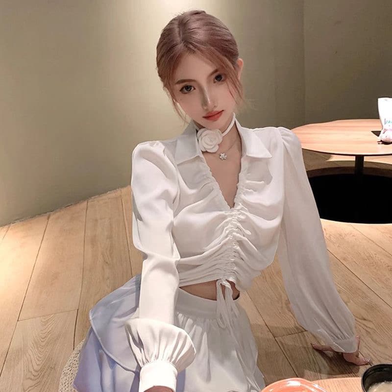 경관 그림 펌프 로프 여성 셔츠 봄 가을 프랑스식 V넥 품격 긴팔 셔츠 디자인 센스 작은 대중 쇼트 스타일 맨위 상세 이미지 1