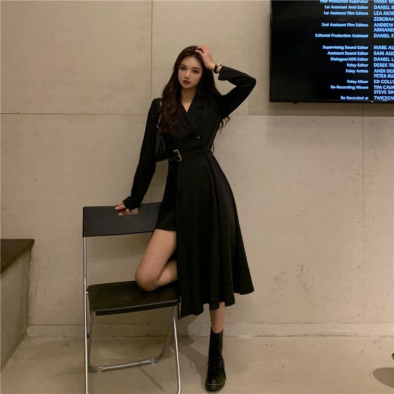 그는 벤 바람 달콤한 차가운 작은 검은 드레스 여성 봄 가을 새로운 불규칙 디자인 센스 작은 대중 허리 수축 슬림해 보이는 레트로 드레스 이미지 4