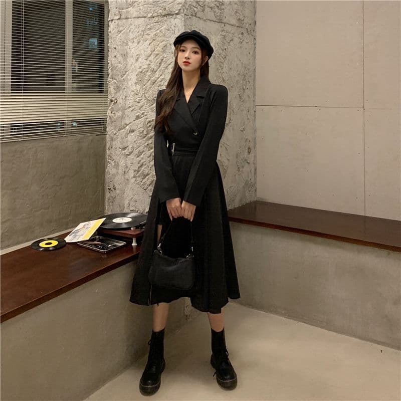그는 벤 바람 달콤한 차가운 작은 검은 드레스 여성 봄 가을 새로운 불규칙 디자인 센스 작은 대중 허리 수축 슬림해 보이는 레트로 드레스 상세 이미지 5