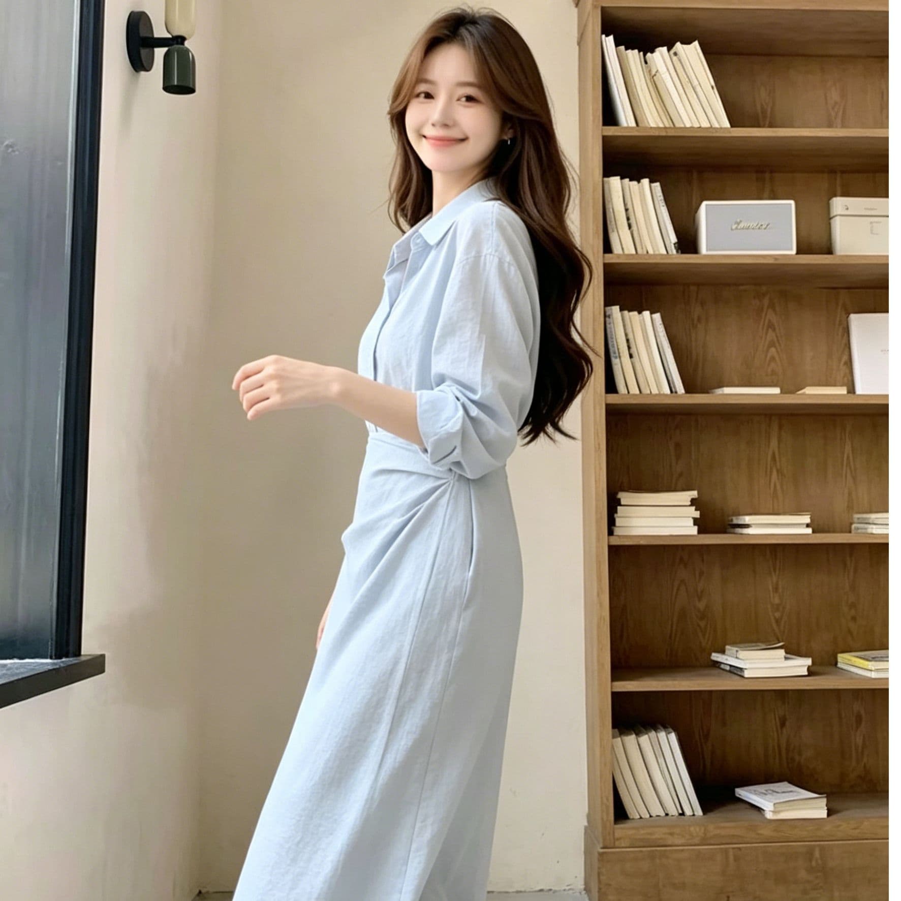 하늘색 질감 셔츠 스타일 긴팔 허리 수축 비틀림 포장 불규칙 중간 길이 스커트 부드러운 출퇴근 품격 치마 상세 이미지 3