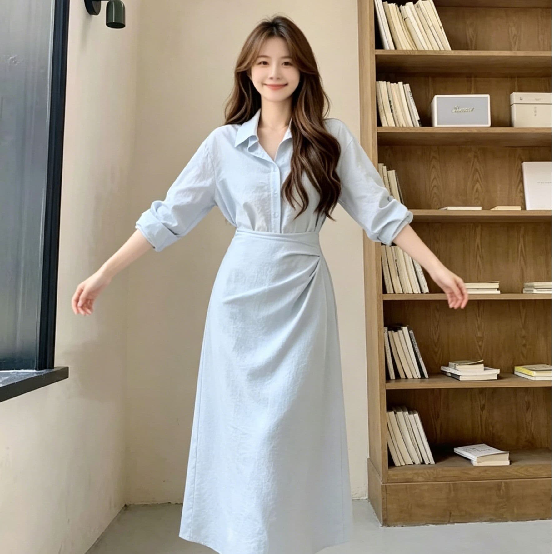 하늘색 질감 셔츠 스타일 긴팔 허리 수축 비틀림 포장 불규칙 중간 길이 스커트 부드러운 출퇴근 품격 치마 상세 이미지 4
