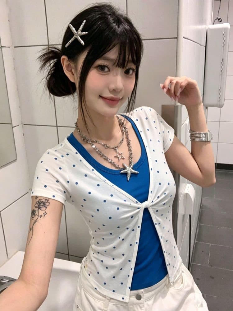 사람들 면 모달 배색 페이크 레이어드 티셔츠 여성 몸매 가꾸기 반팔 도트 무늬 긍정적 인 어깨 의류 이미지 4